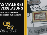 Bunte Wappen Logos Firmenschilder aus Bleiglas...
